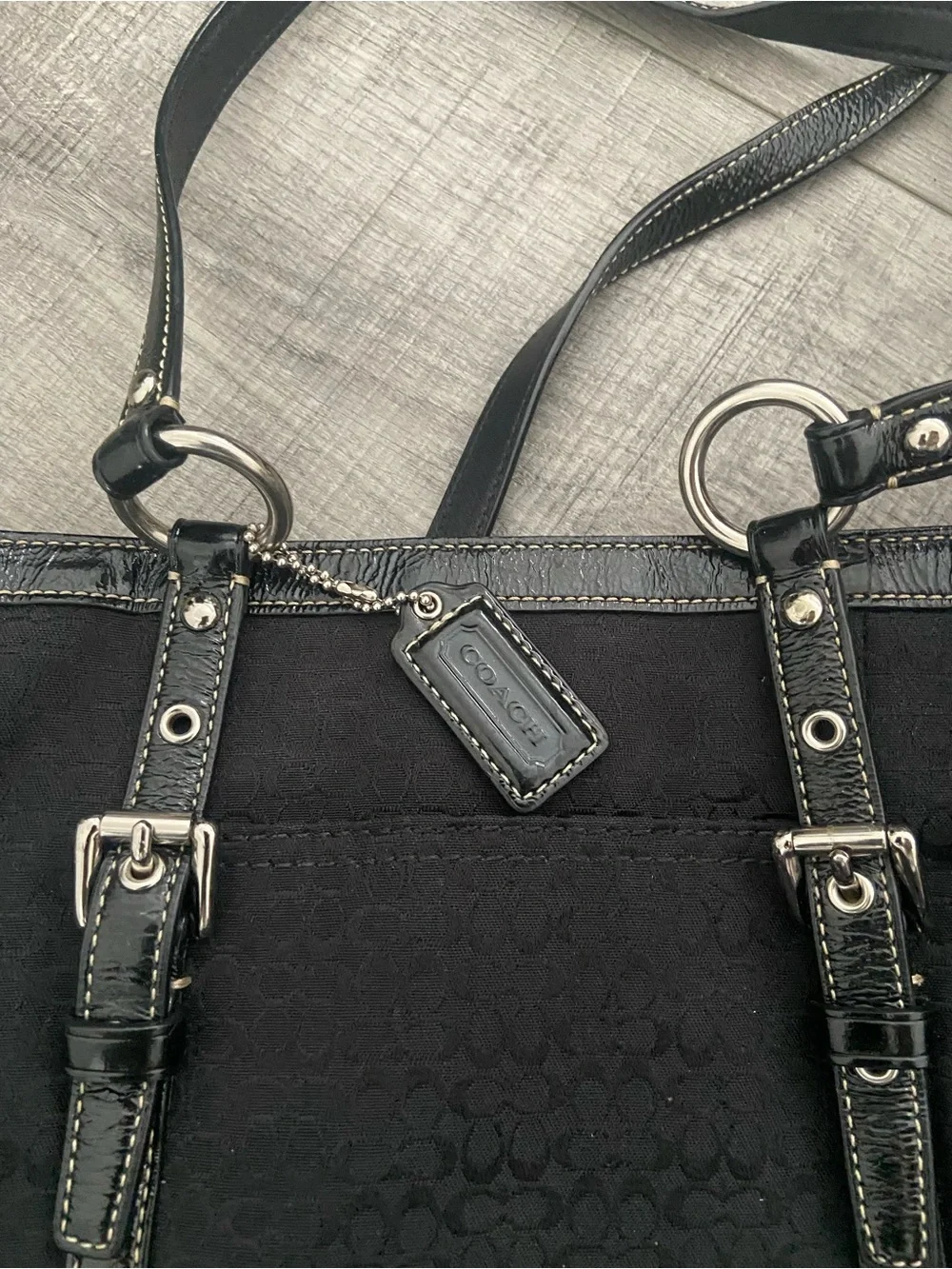Coach Black Signature Canvas Shoulder Tote with Ring-Detail Straps